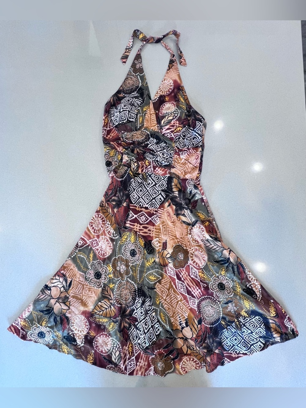 Halter Tie at Neck Earth tone Floral Geometric Pattern Boho Festival Fairycore